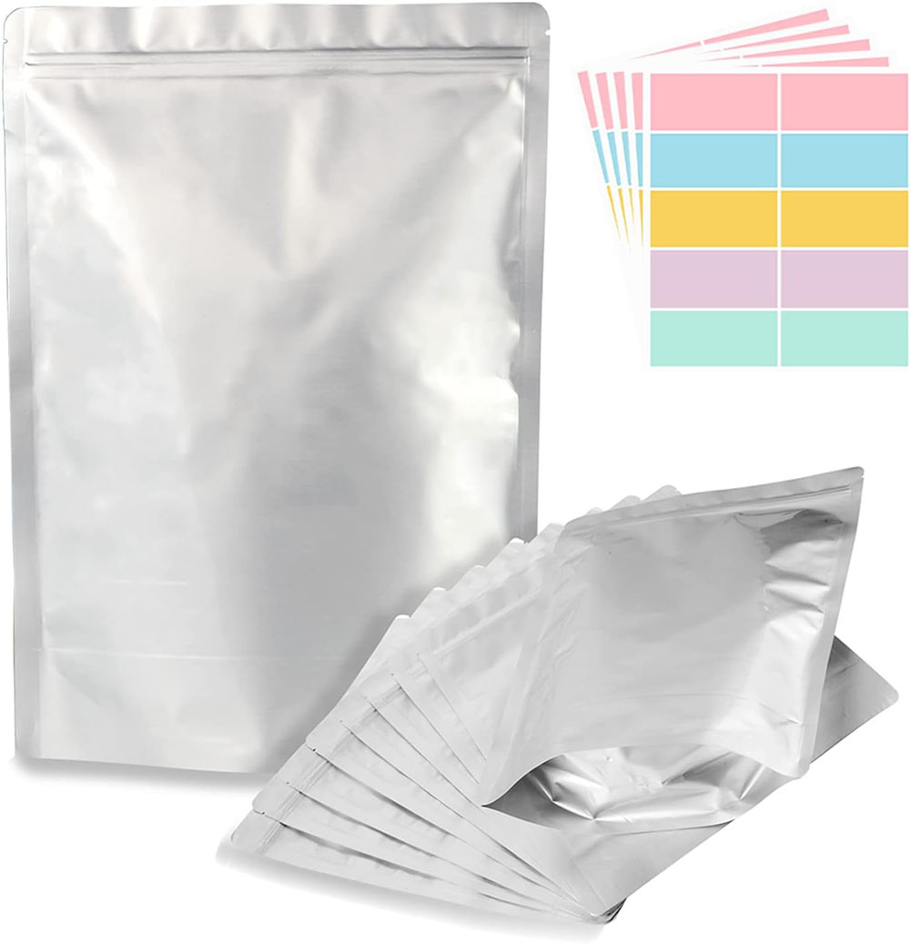 Food Storage Oxygen Absorbers - 10er-Pack 5-Gallonen-Aluminiumfolienbeutel mit Sauerstoffabsorber, wiederverschließbarer Reißverschlussbeutel