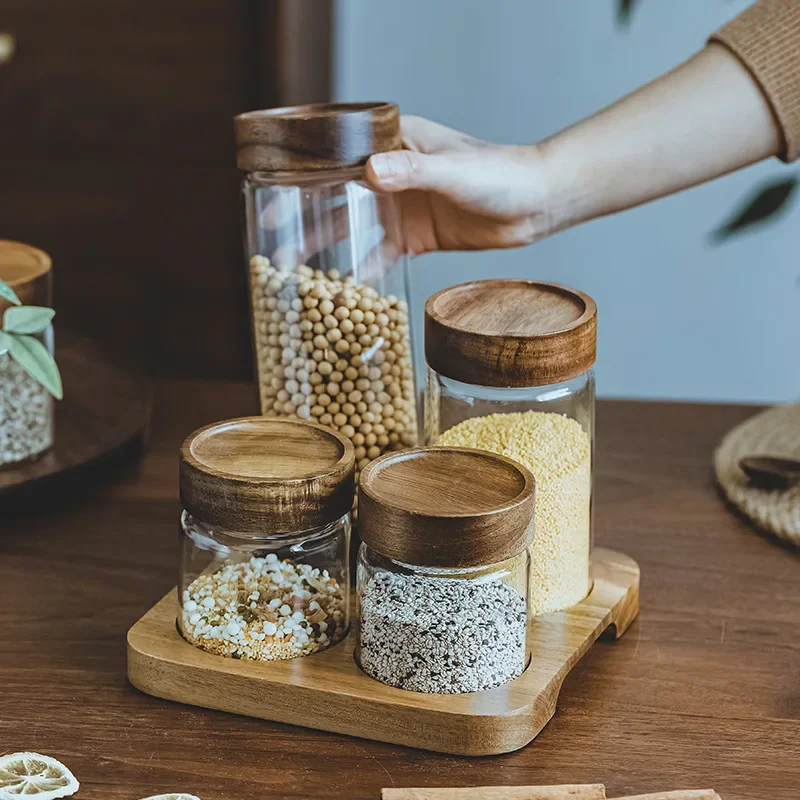 Food Storage With Glass Lids - Holzdeckel Orgnizer Glas luftdicht Kanister Küche